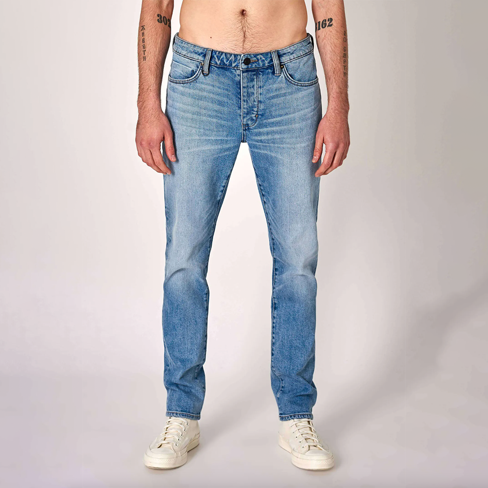 Blue fitted denim with button and zip closure