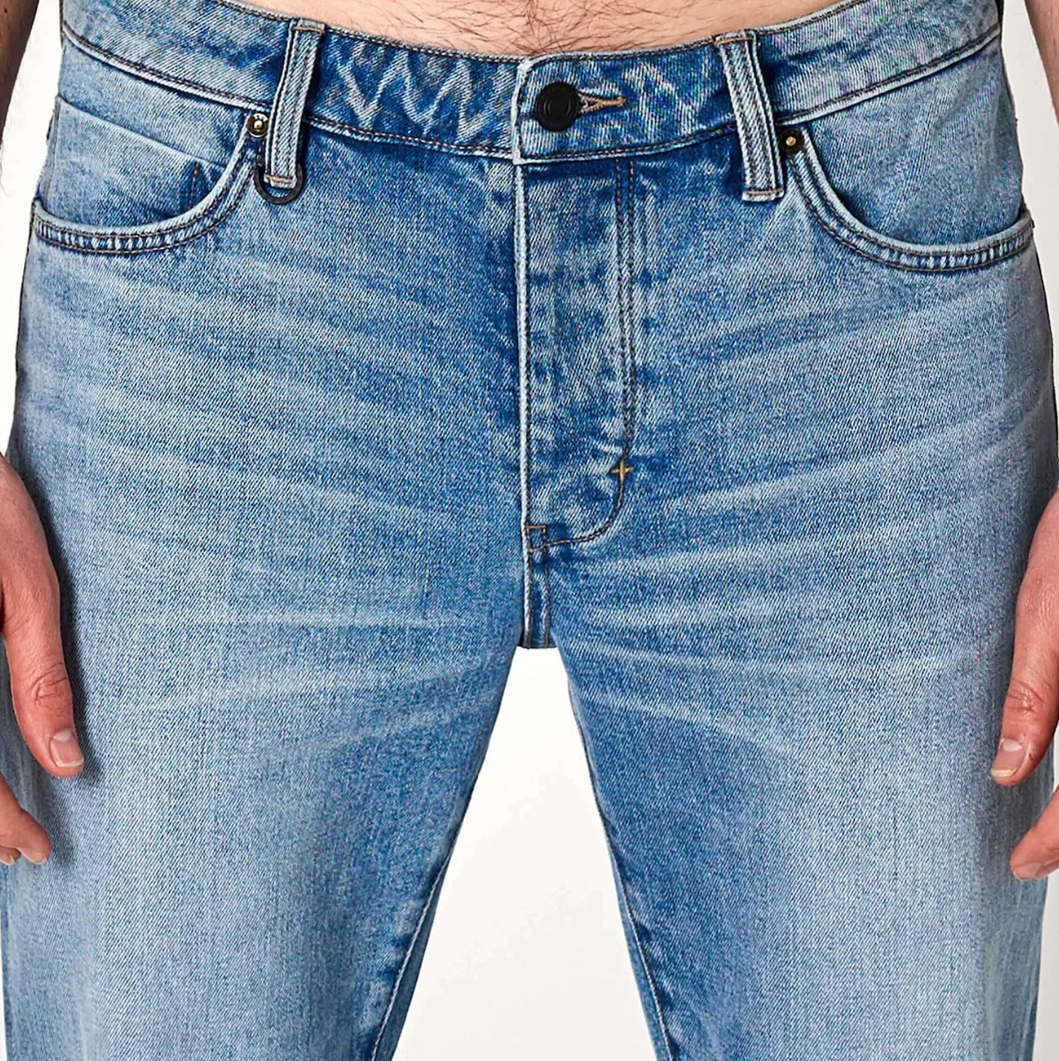 Blue fitted denim with button and zip closure