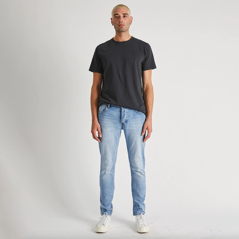 Blue fitted denim with button and zip closure