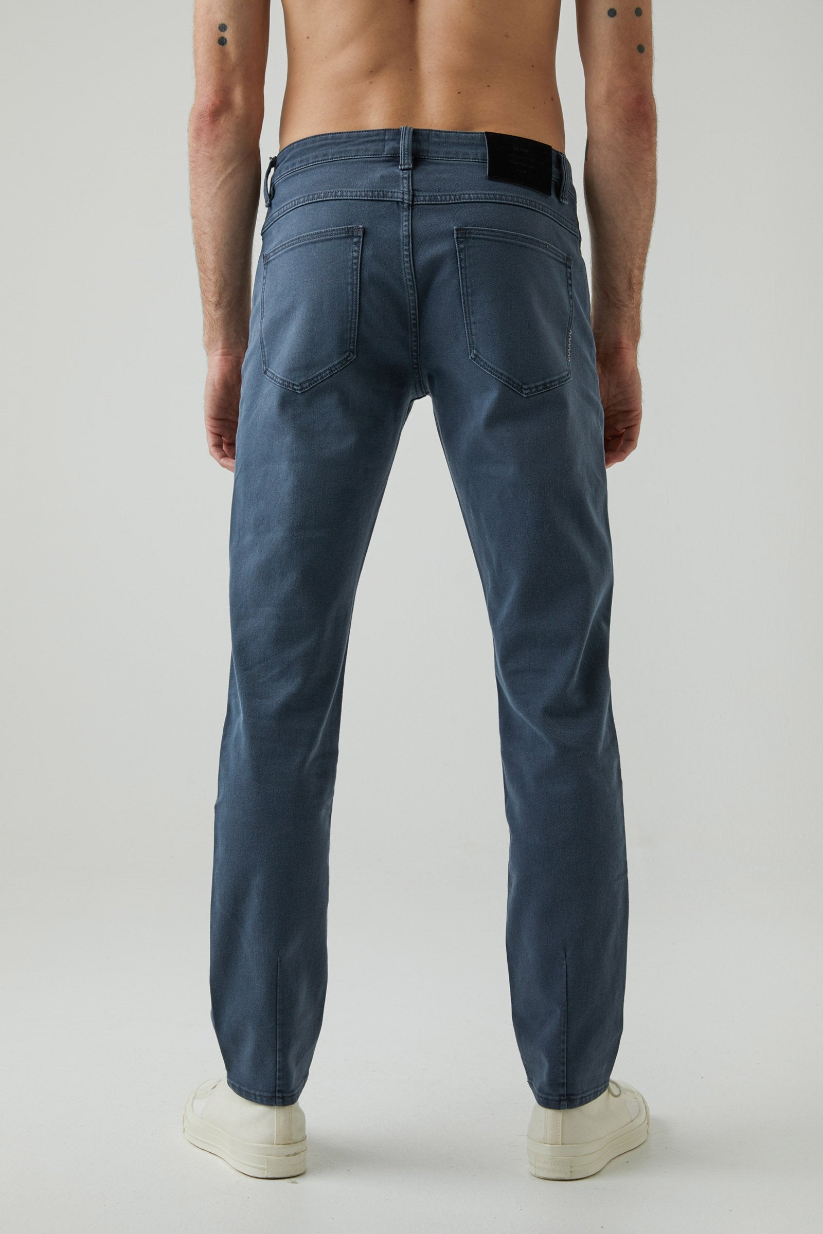 blue/grey slim fit pants with button and zip closure
