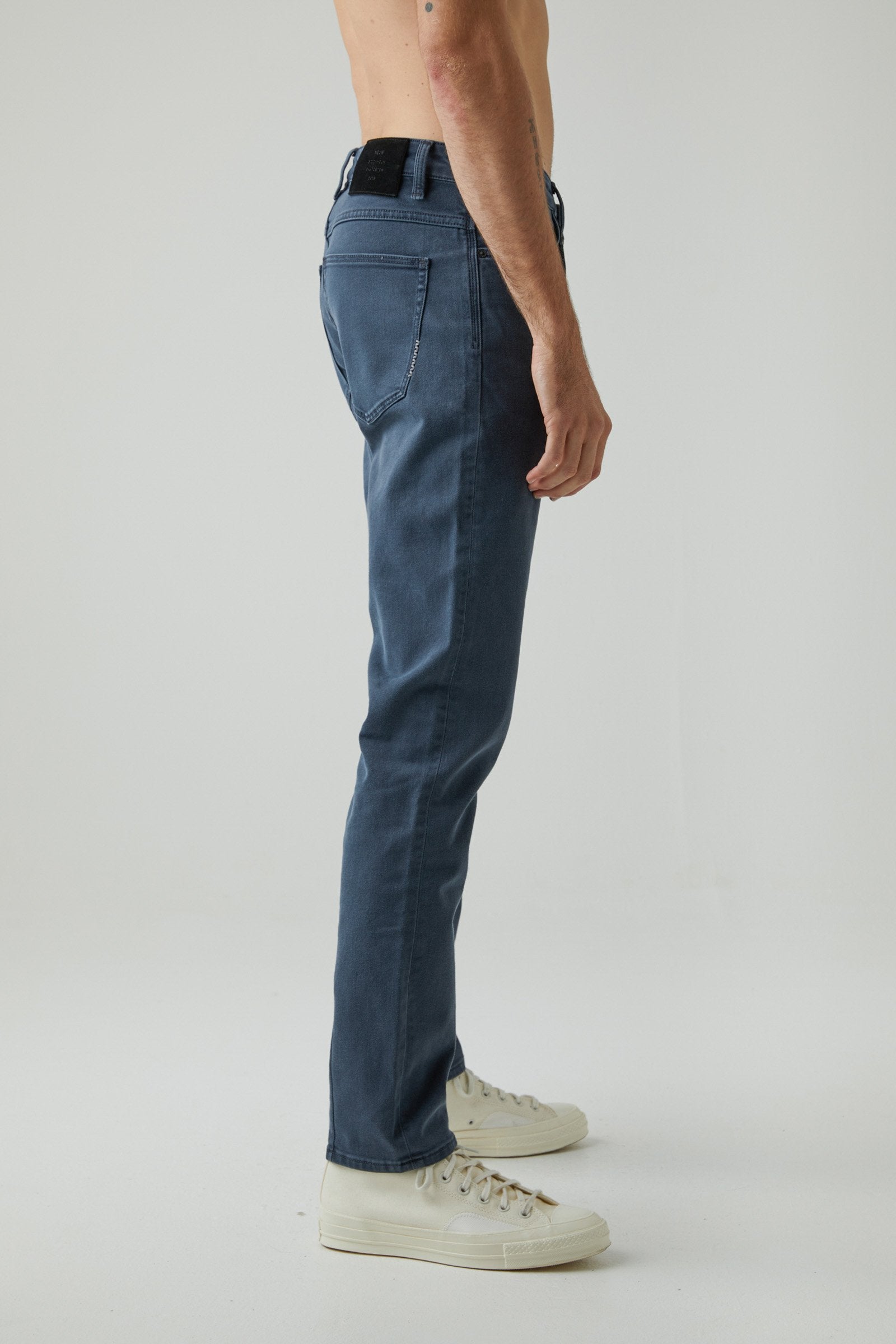 blue/grey slim fit pants with button and zip closure