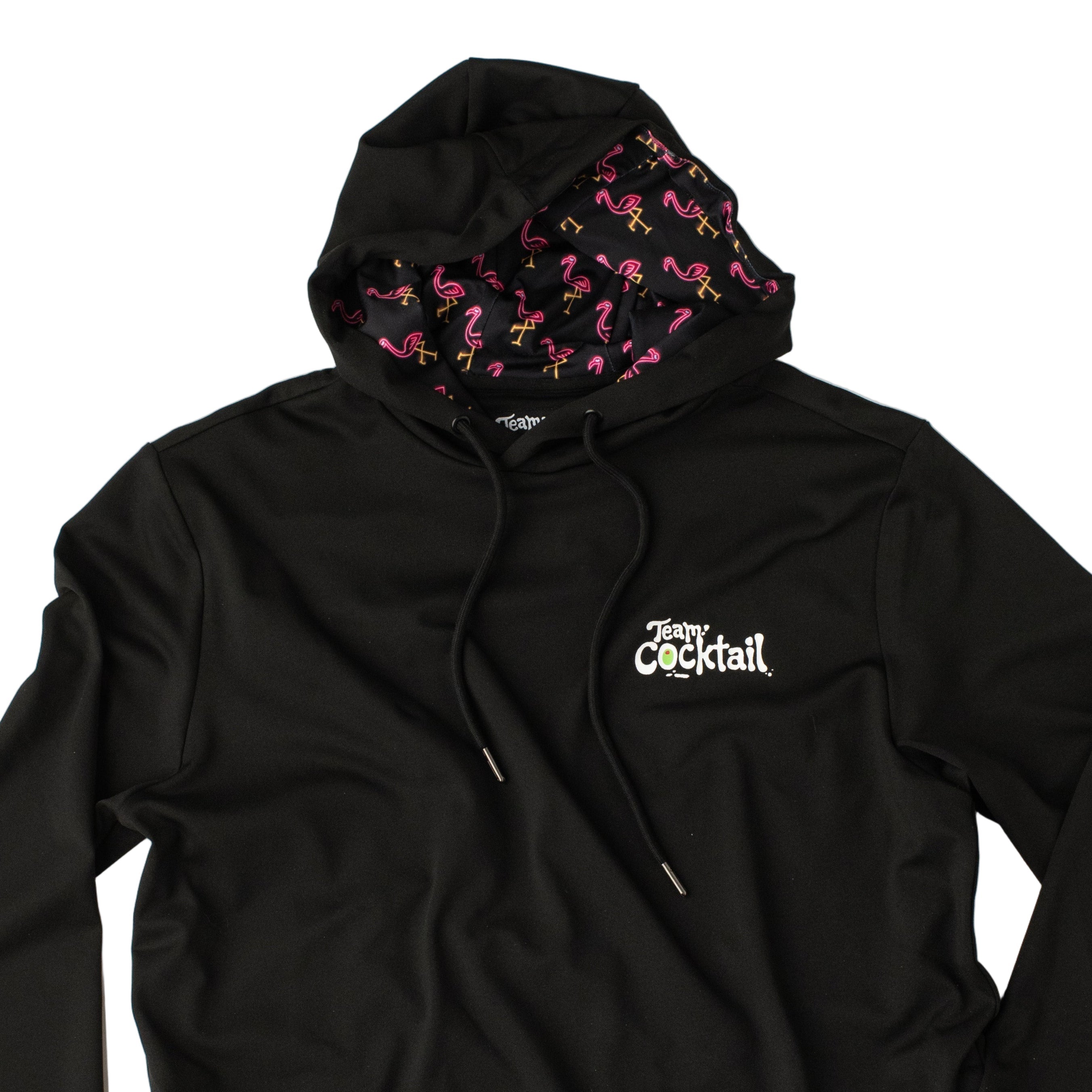 Black hoodie with a colorful hood and 'Foxy Cocktail' logo on a white background