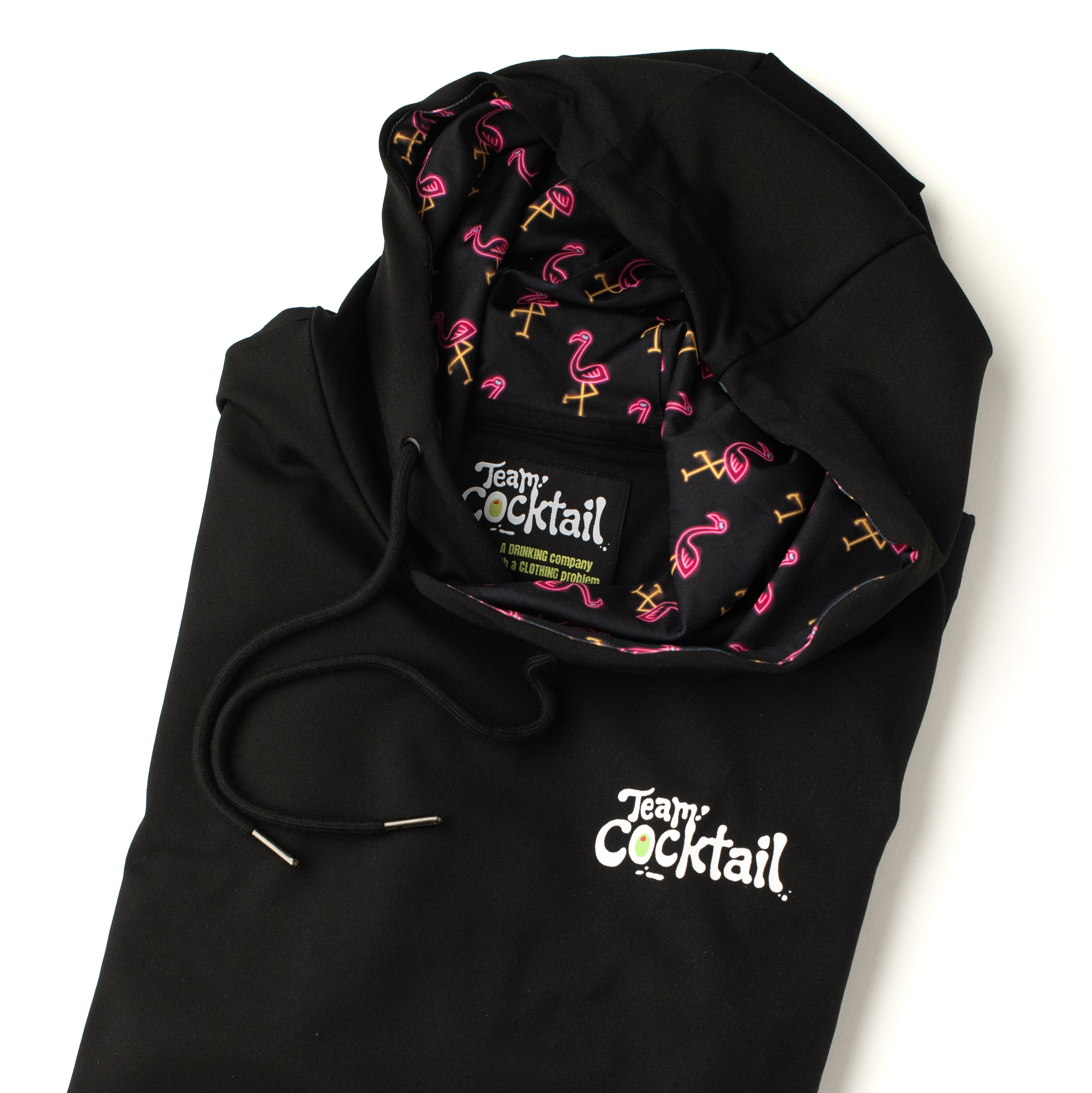 Black hoodie with 'Teeny Cocktail' branding on a white background