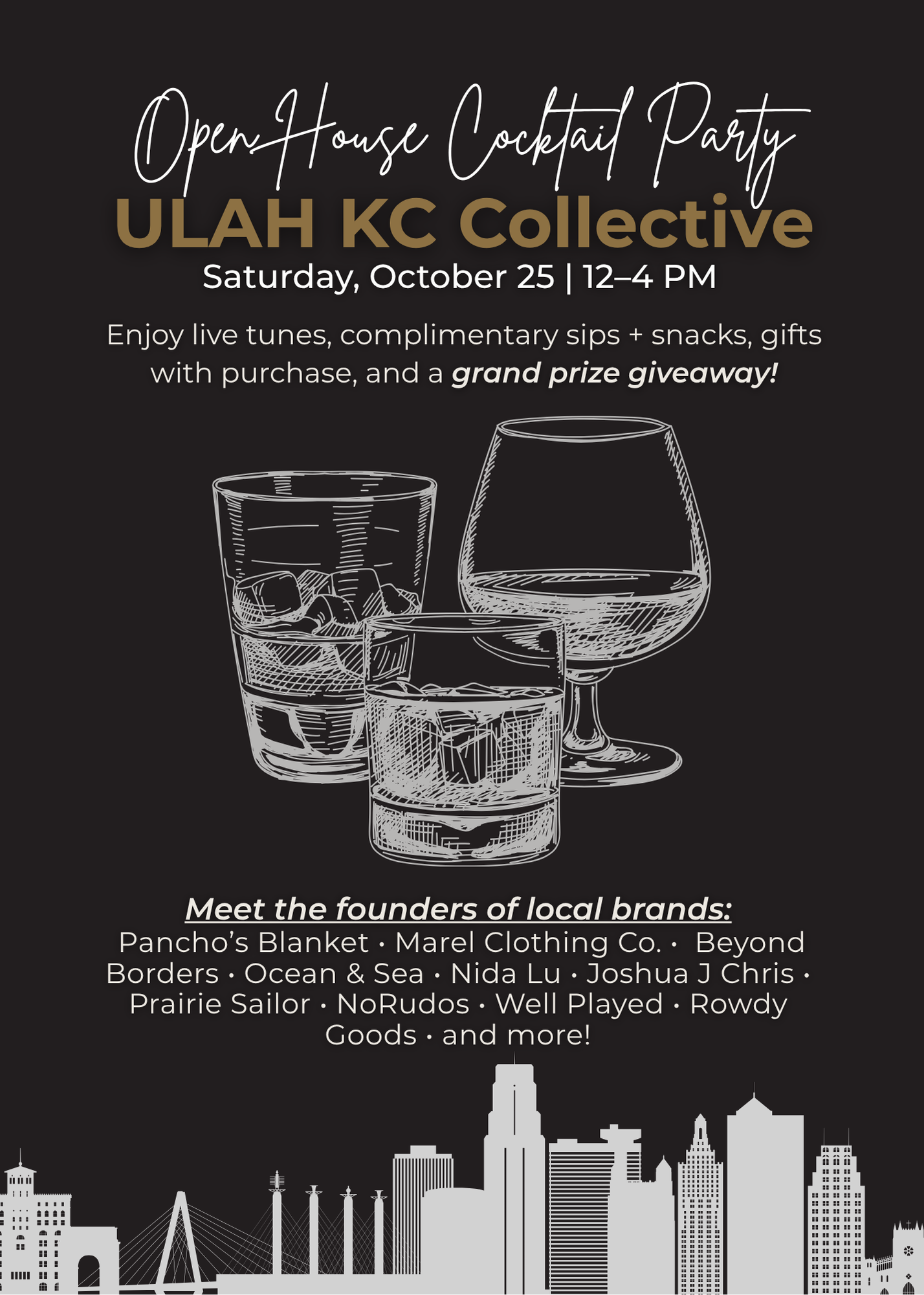 Promotional flyer for ULAH KC Collective Open House Cocktail Party with drink illustrations and city skyline.