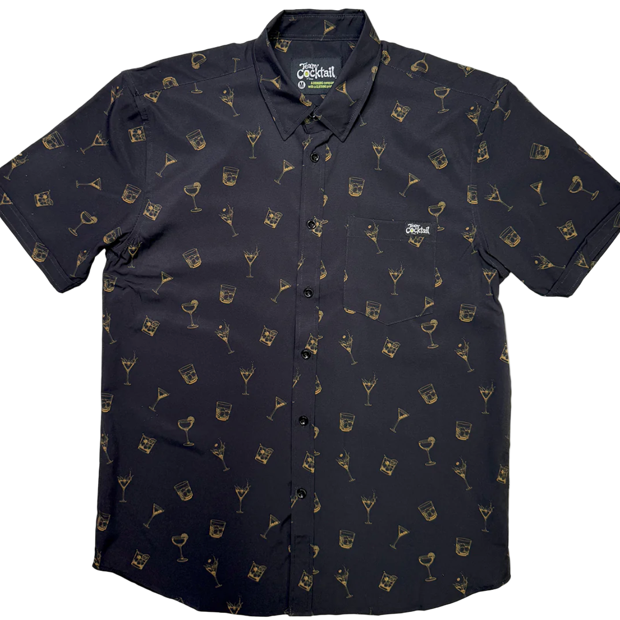 Black shirt with cocktail glass pattern on a white background