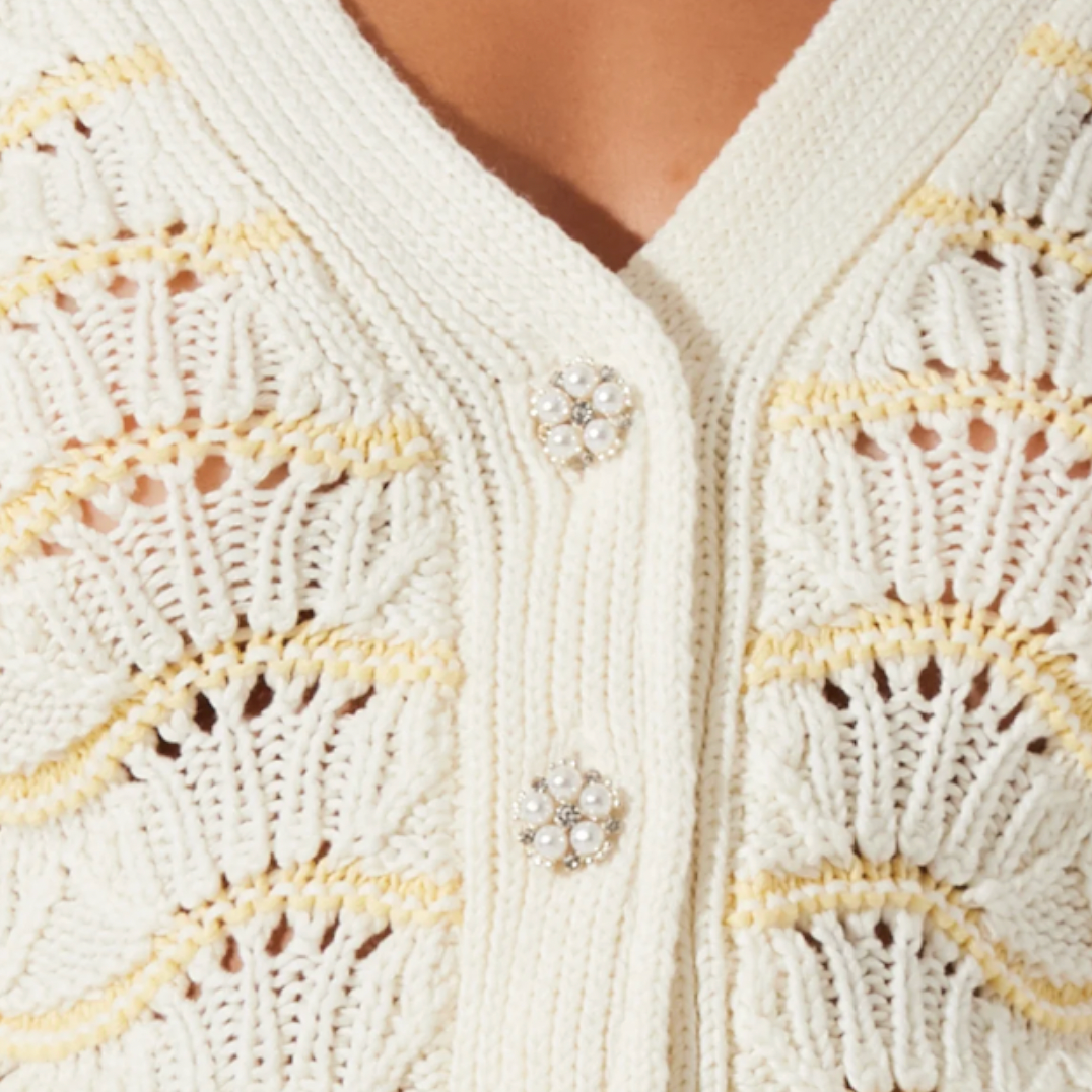 ASTR - Janira Wavy Stripe Pointelle Cardigan - Cream / Yellow