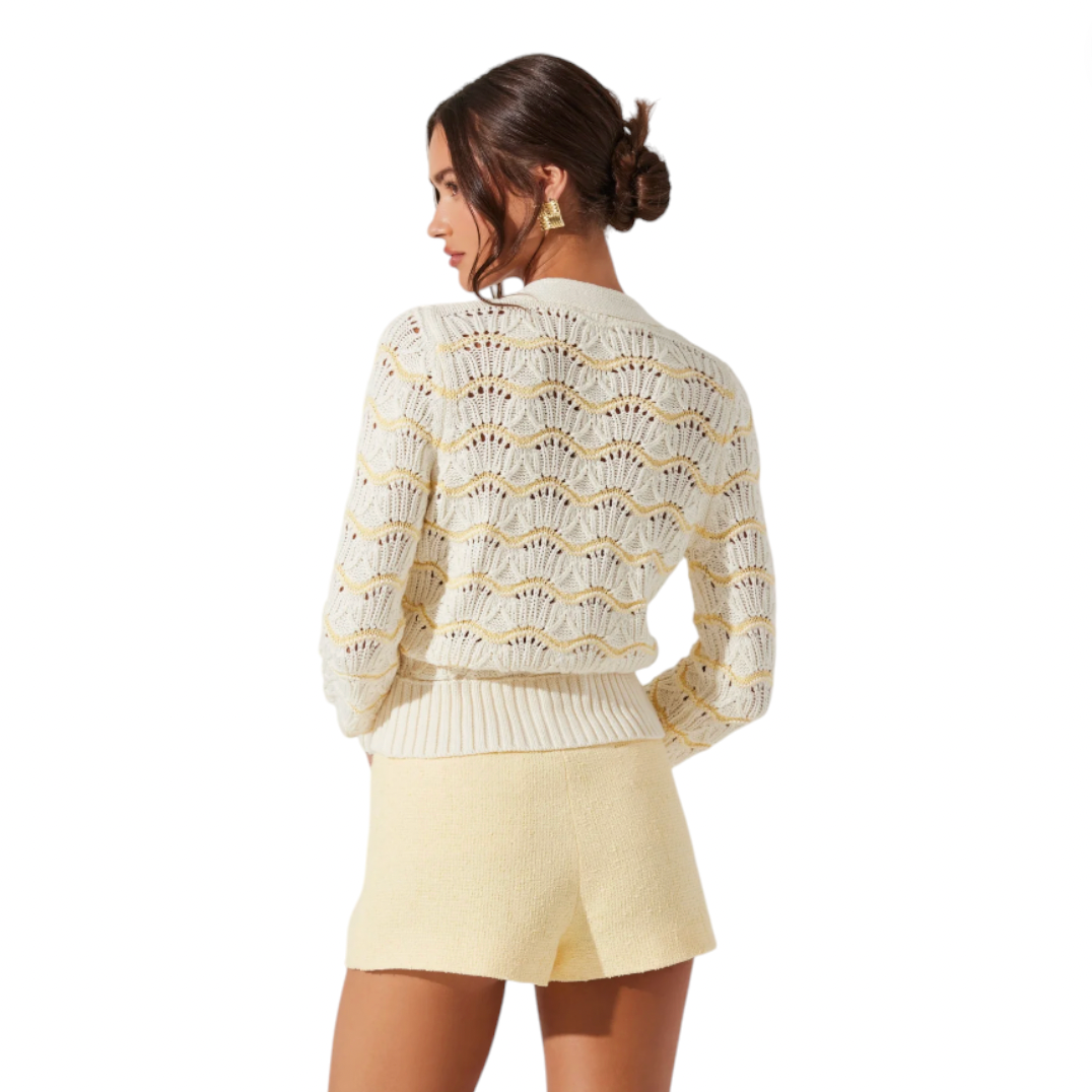 ASTR - Janira Wavy Stripe Pointelle Cardigan - Cream / Yellow