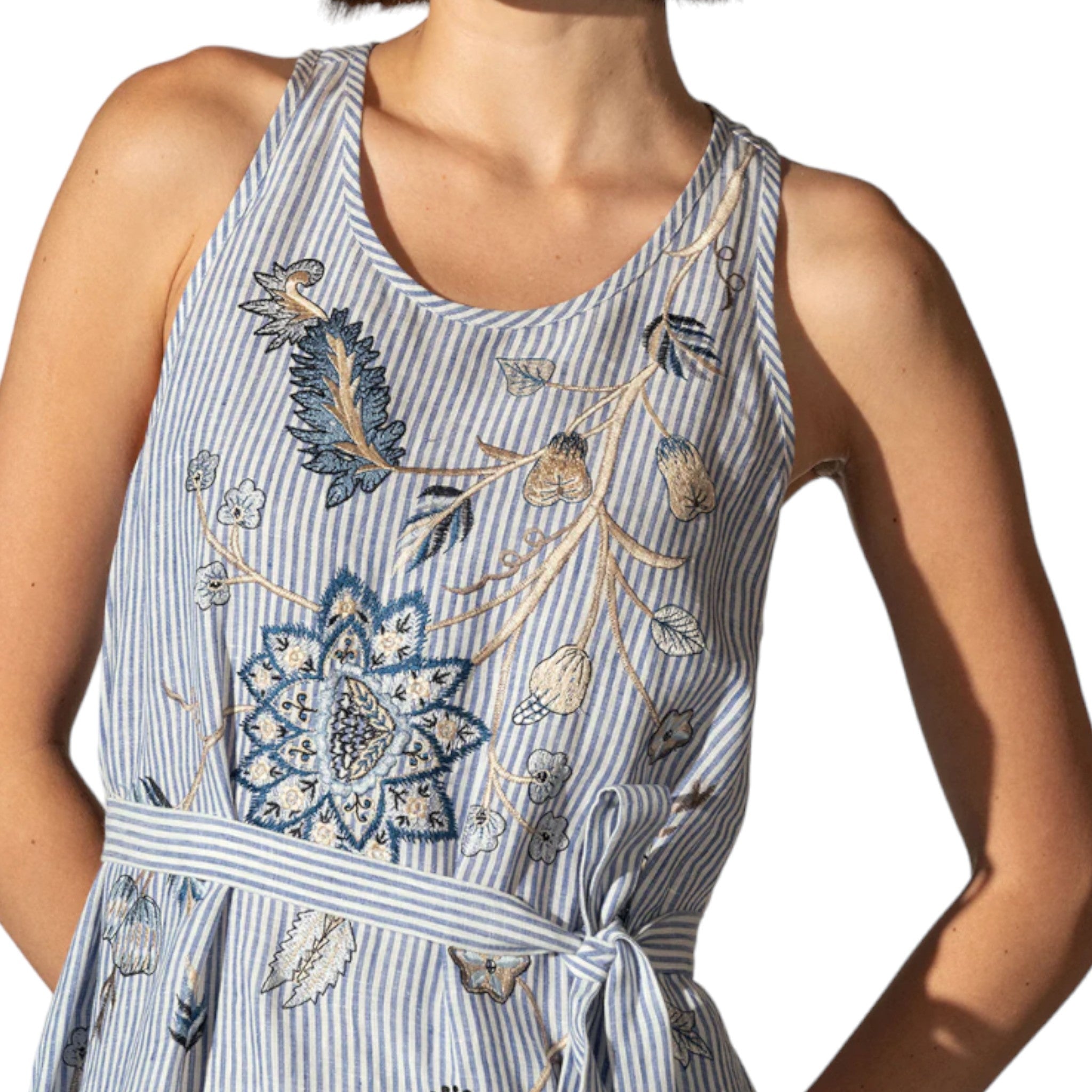 Ranna Gill - Grace Round Neck Tier Linen Midi Dress - Blue Stripe