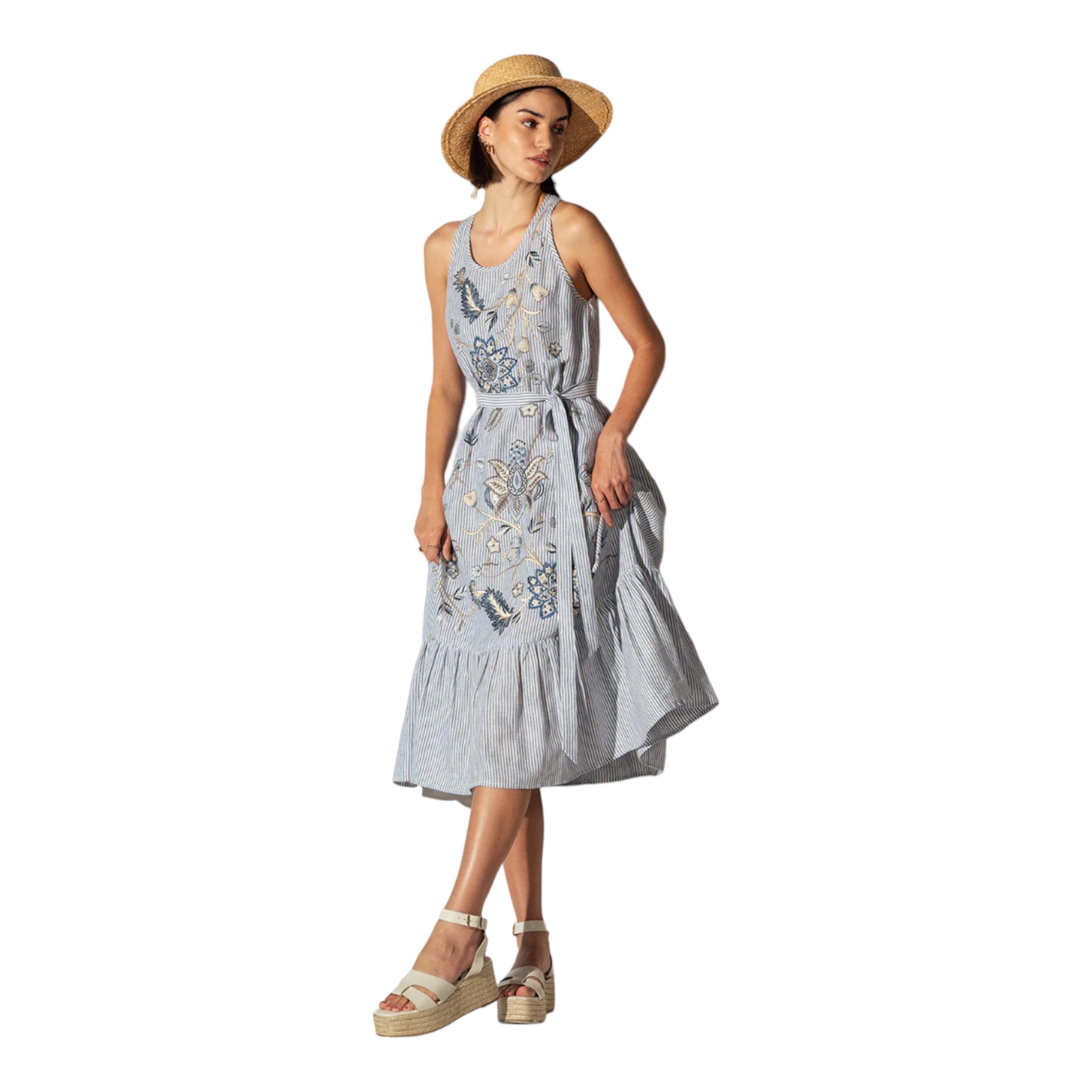 Ranna Gill - Grace Round Neck Tier Linen Midi Dress - Blue Stripe
