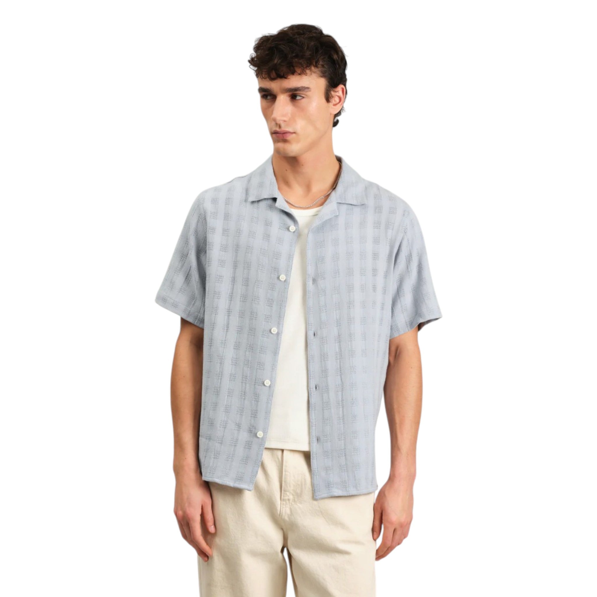 Wax London - Didcot Short Sleeve Open Weave Cotton Shirt - Pale Blue