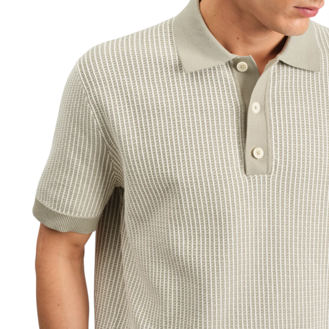 Wax London - Turin Ladder Stripe Polo - Light Khaki