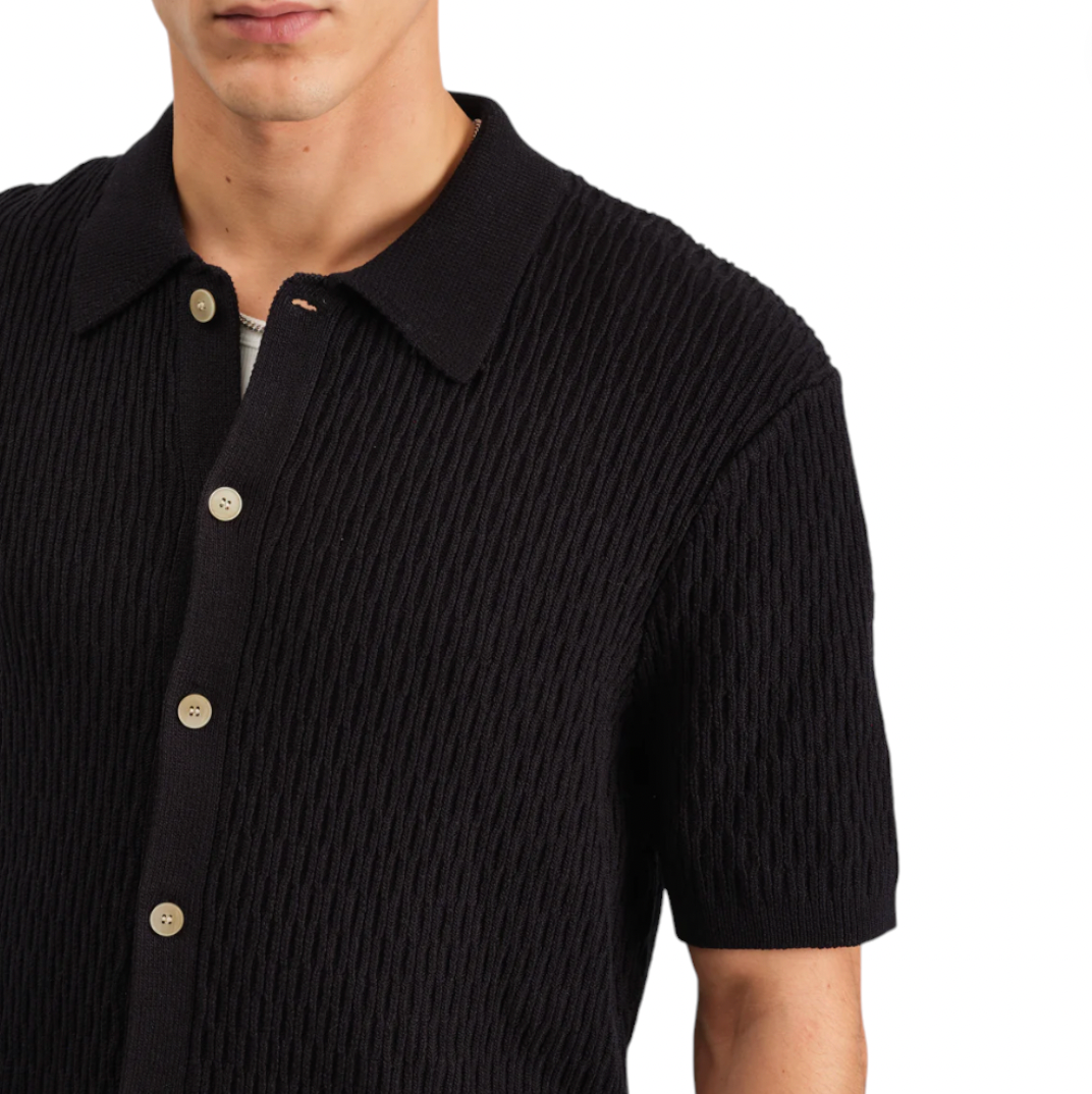 Wax London - Tellaro Short Sleeve Honeycomb Cable Knit Shirt - Navy