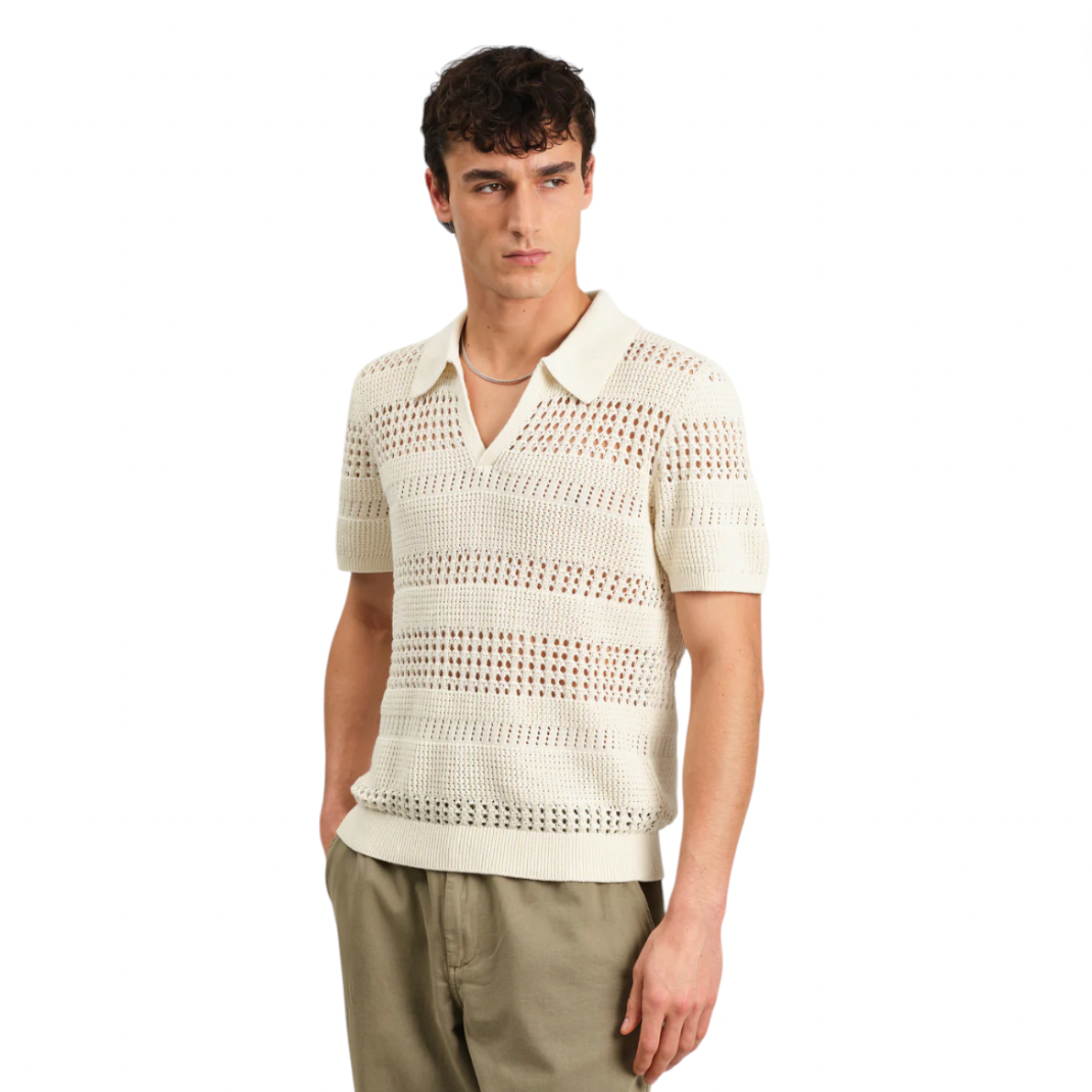 Wax London - Siena Pointelle Knitted Polo - Ecru