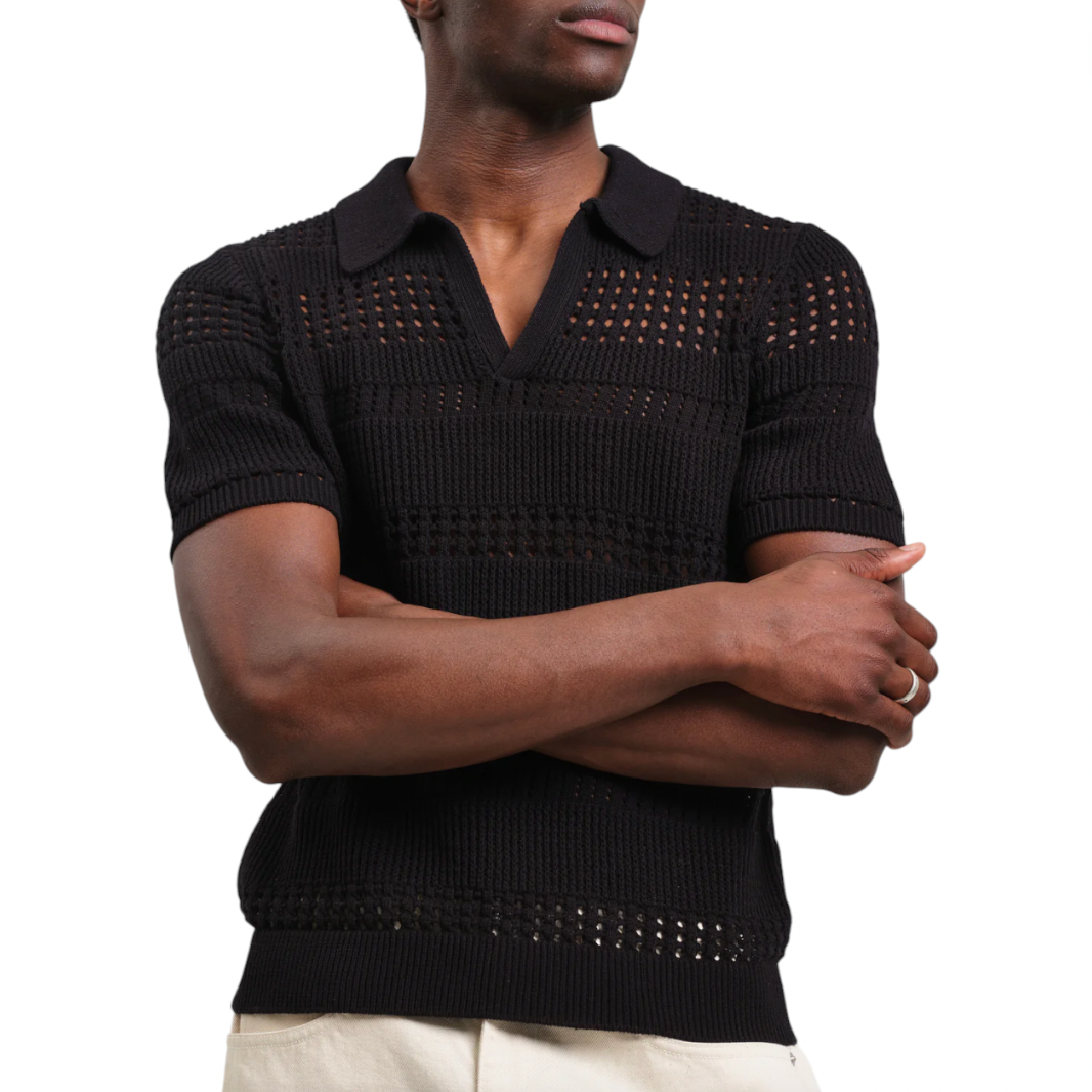 Wax London - Siena Pointelle Knitted Polo - Black