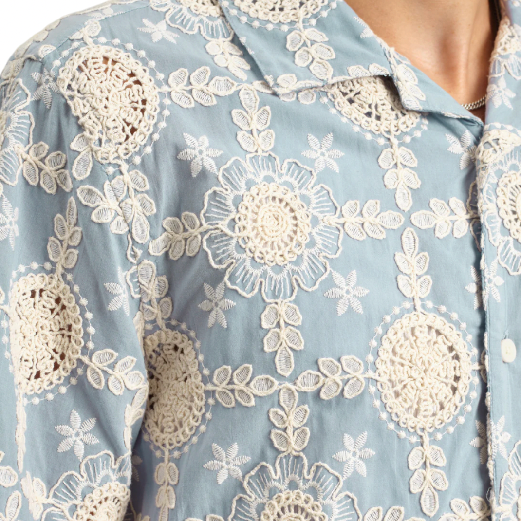 Wax London - Didcot Short Sleeve Intricate Lace Shirt - Pale Blue / Ecru