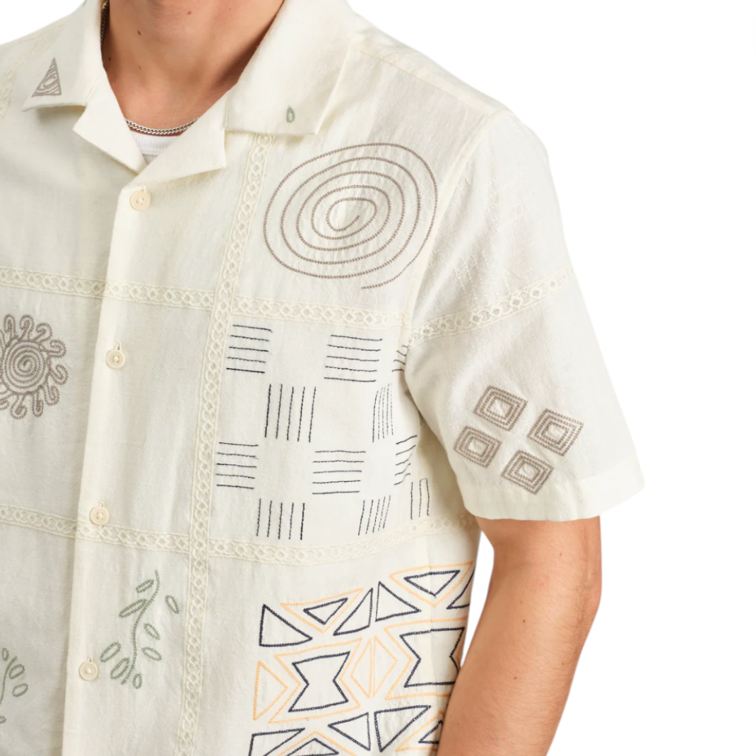 Wax London - Didcot Short Sleeve Doodle Embroidered Shirt - Ecru / Multi