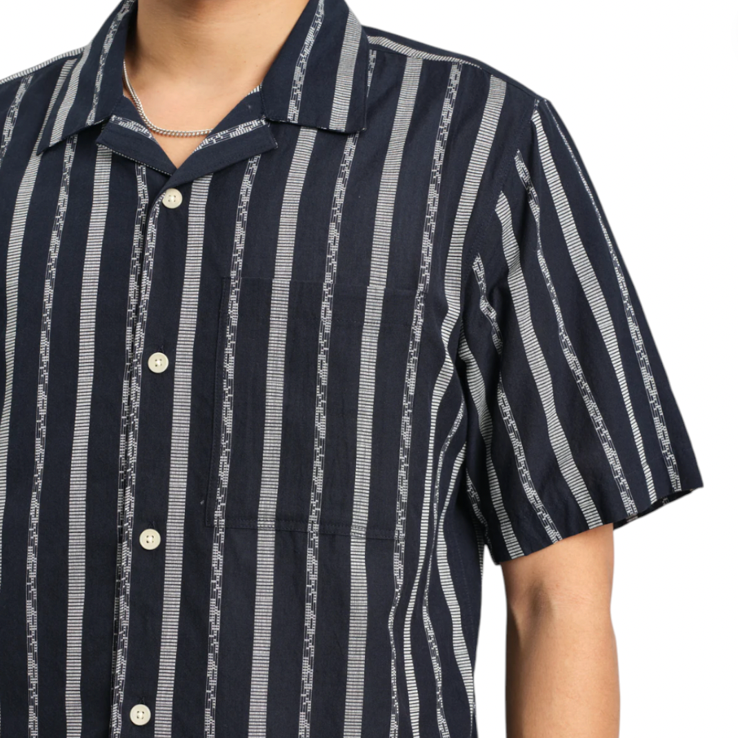 Wax London - Didcot Short Sleeve Fleck Stripe Shirt With Pocket - Navy