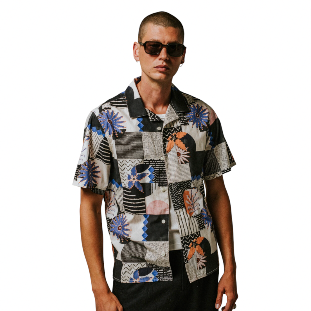 Wax London - Didcot Short Sleeve Grid Floral Shirt - Black / Multi