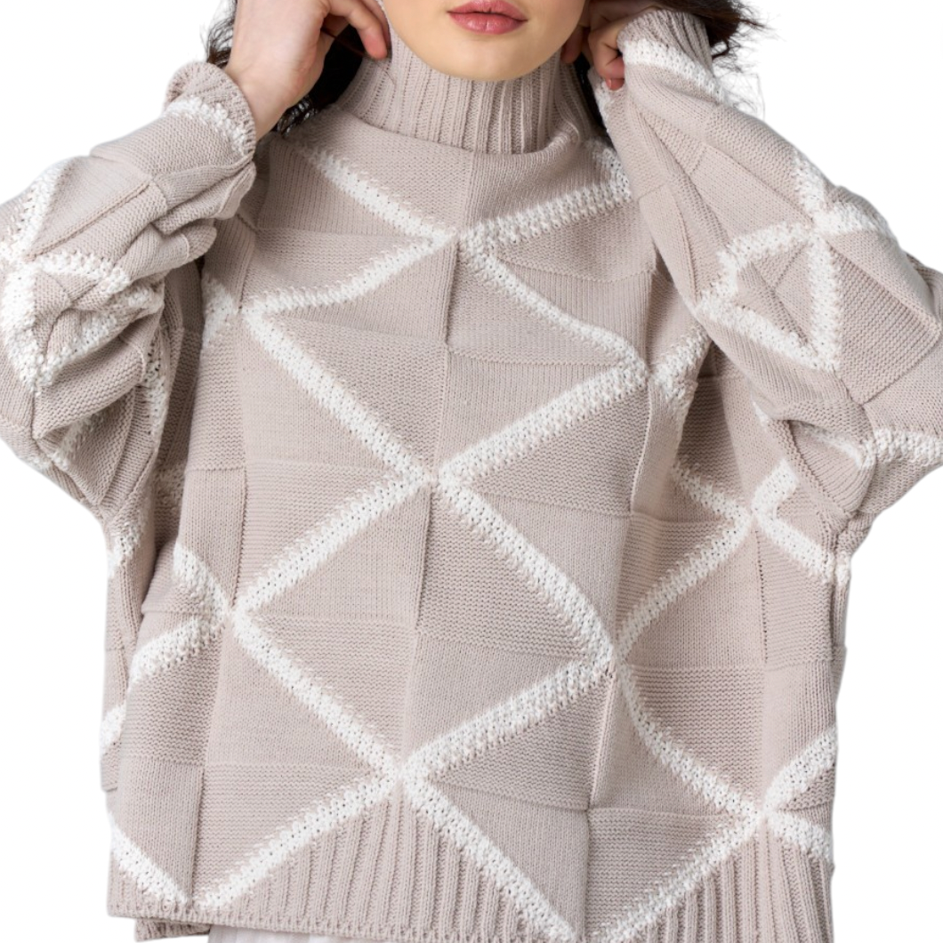 Astrid - Patterned Knit Turtleneck Sweater - Beige