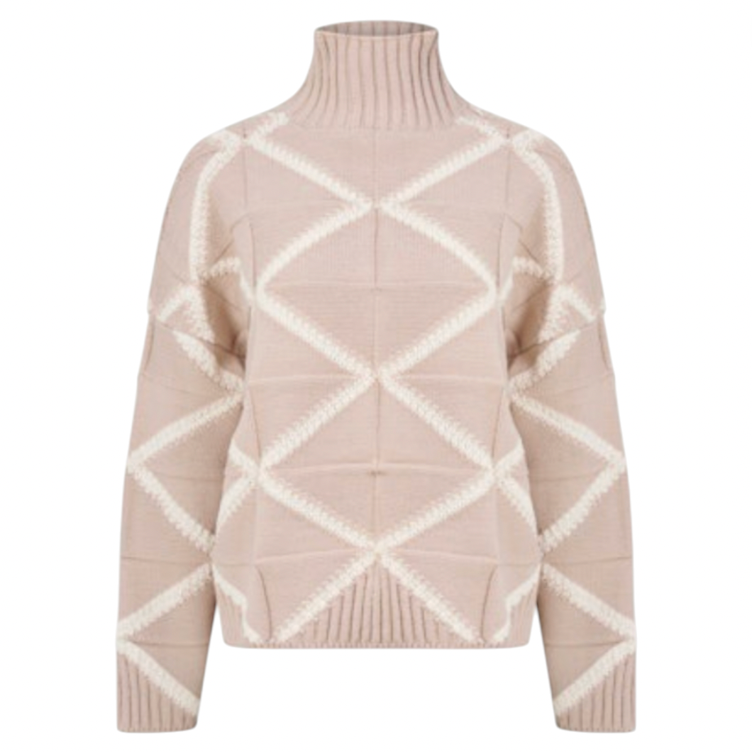 Astrid - Patterned Knit Turtleneck Sweater - Beige