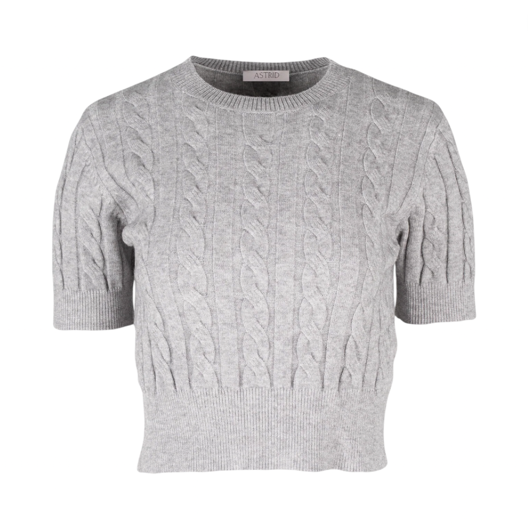 Astrid - Short Sleeve Cable Knit Sweater - Grey