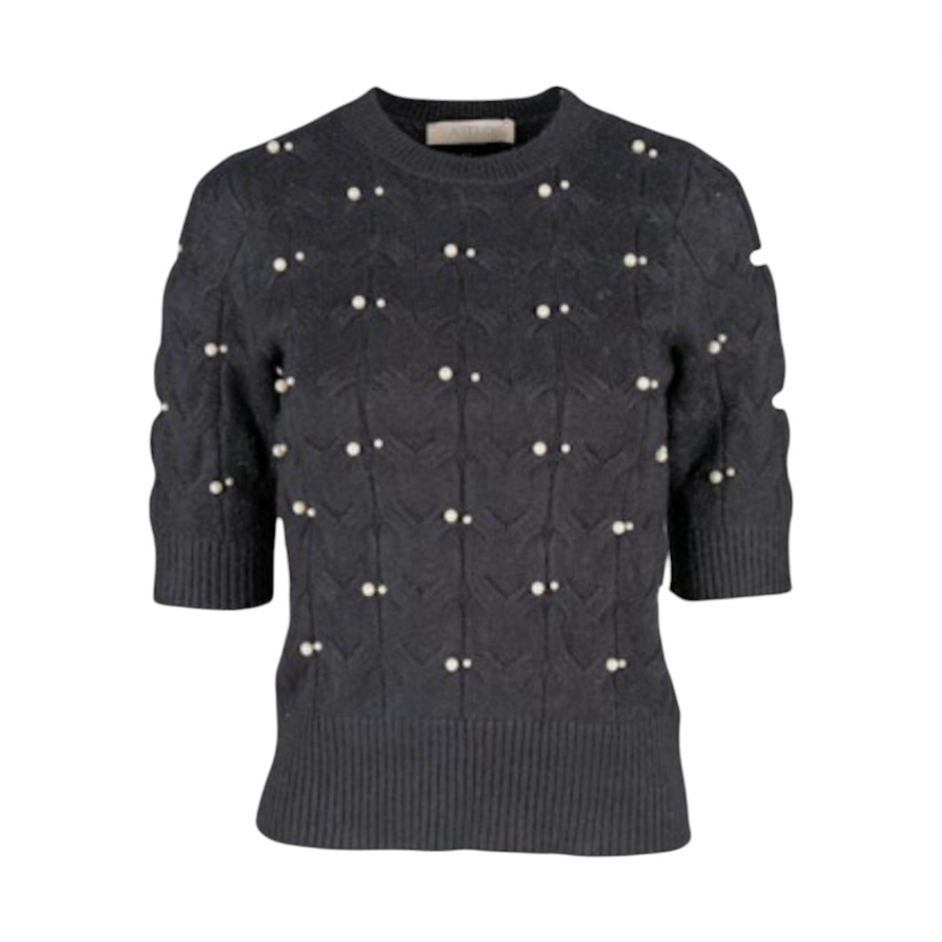 Astrid - Short Sleeve Cable Knit Pearl Sweater - Black