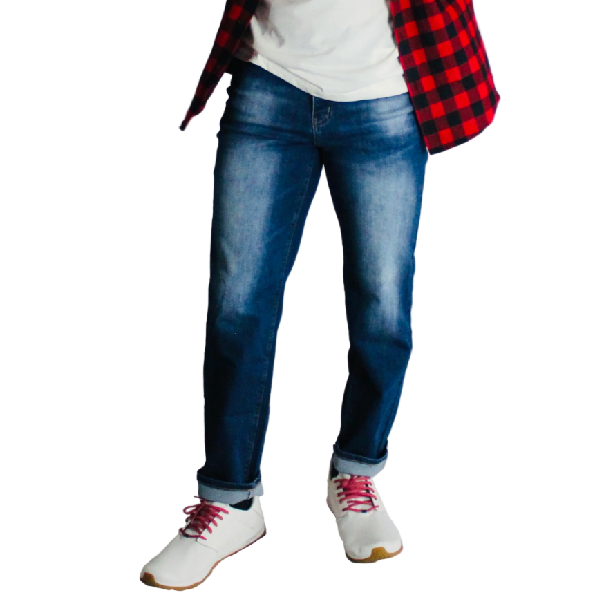 Person wearing blue jeans, a white shirt, and a red and black checkered jacket on a white background