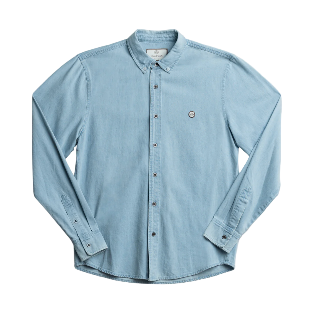 Light blue denim shirt on a white background