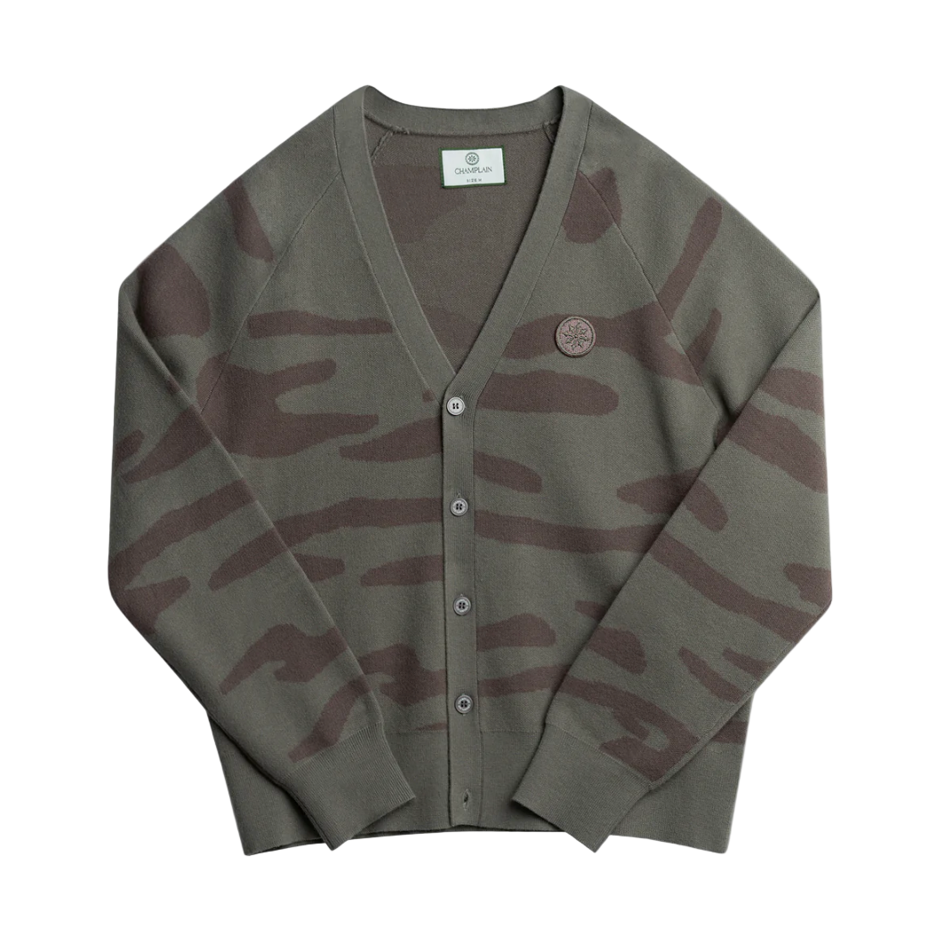 Camouflage-patterned cardigan on a white background
