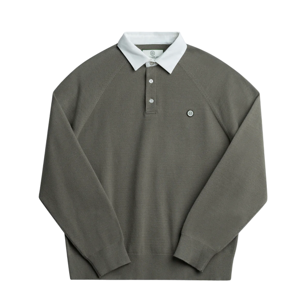 Gray long-sleeve polo shirt with white collar on a white background