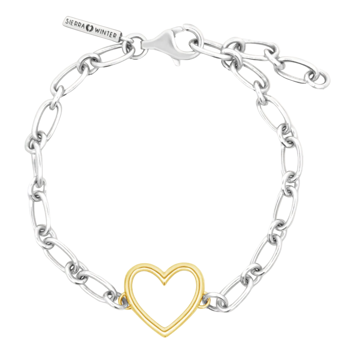 Silver chain bracelet with a gold heart charm on a white background