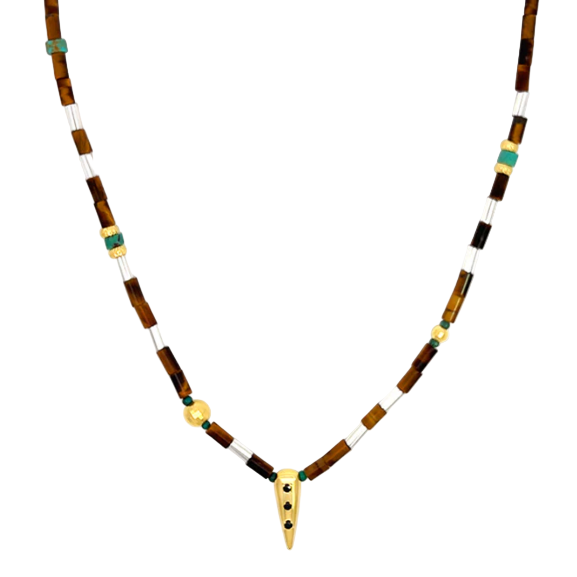 Necklace with wooden beads and a gold pendant on a white background