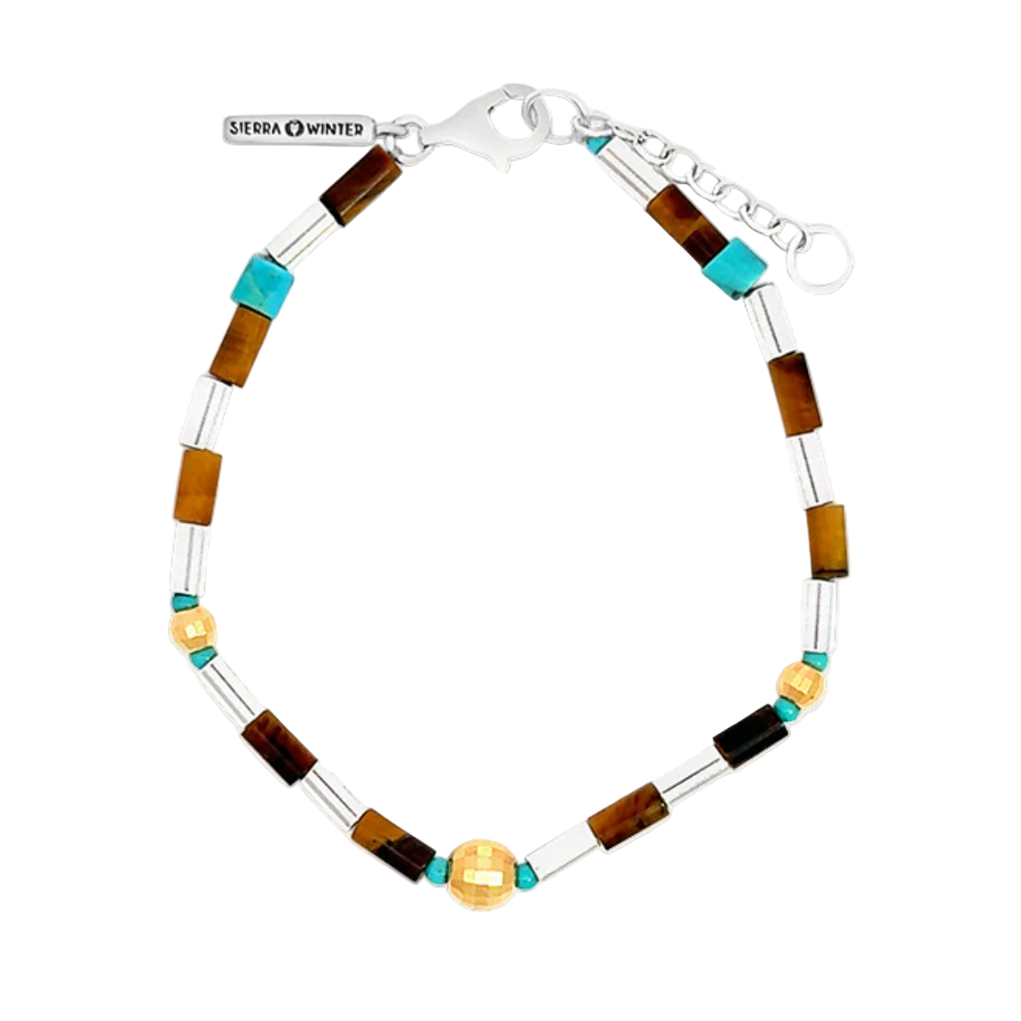 Bracelet with brown, turquoise, and gold beads on a white background