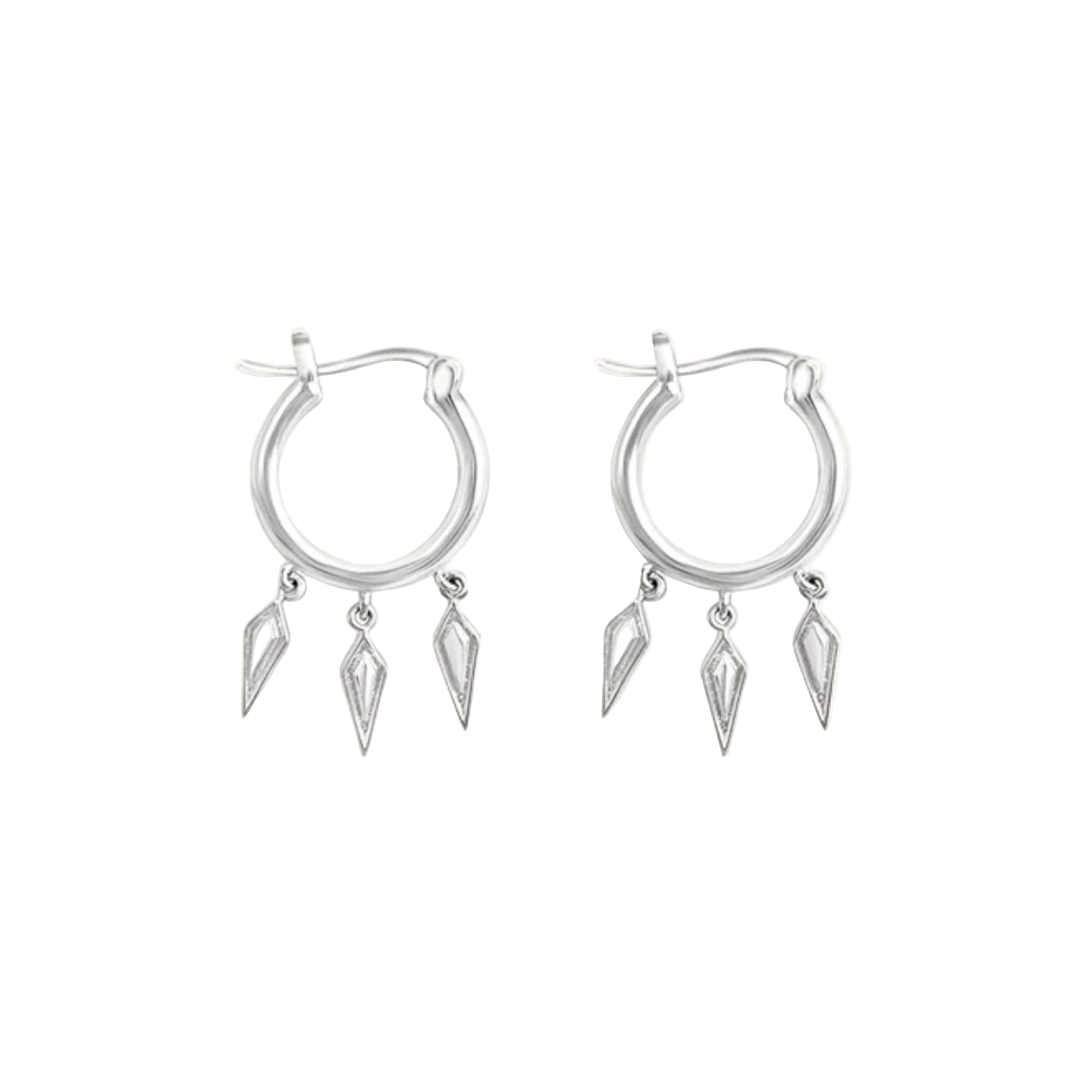 Silver hoop earrings with dangling diamond-shaped pendants on a white background