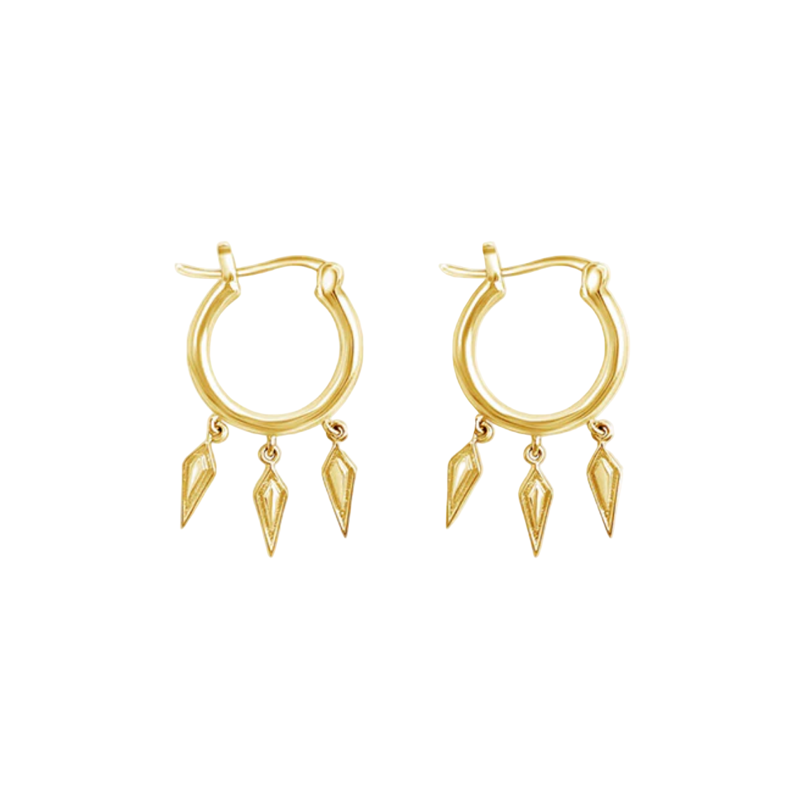 Gold hoop earrings with dangling triangle charms on a white background