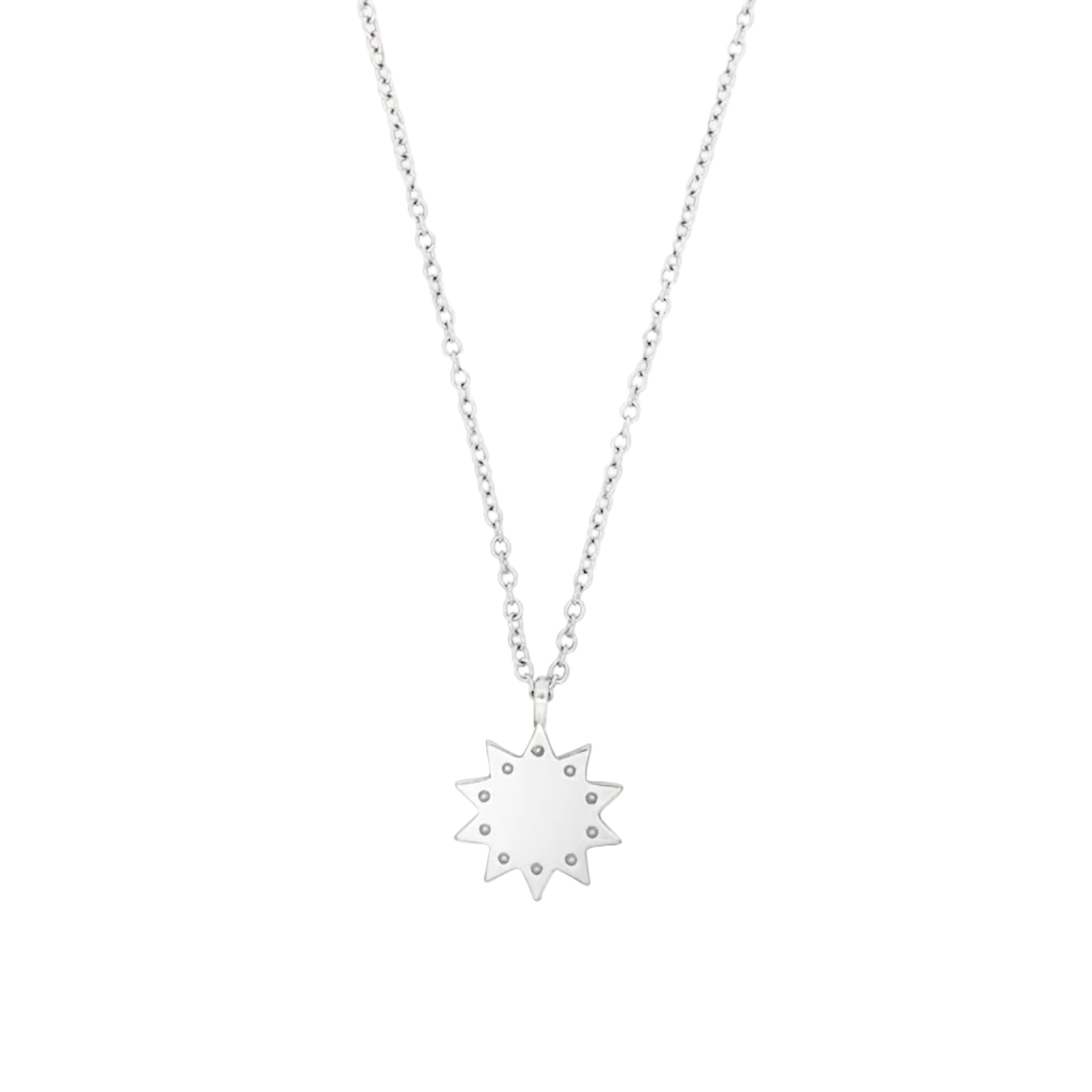 Silver star-shaped pendant necklace on a white background