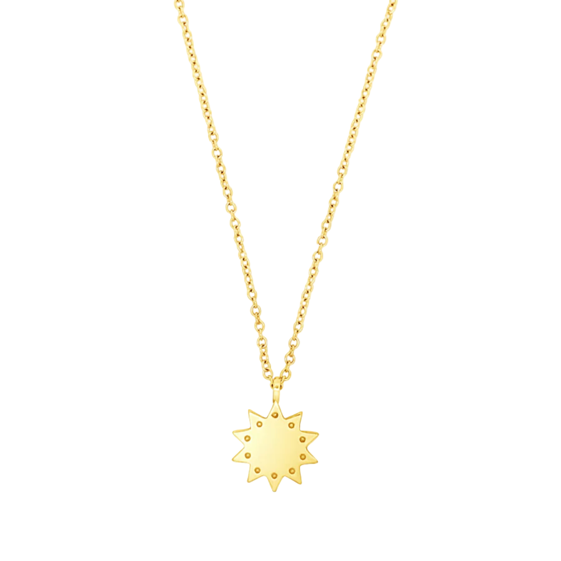 Gold necklace with a sun-shaped pendant on a white background