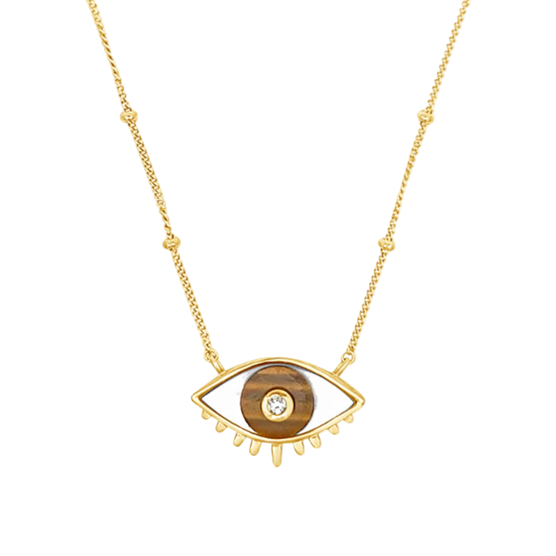 Gold necklace with an eye-shaped pendant on a white background