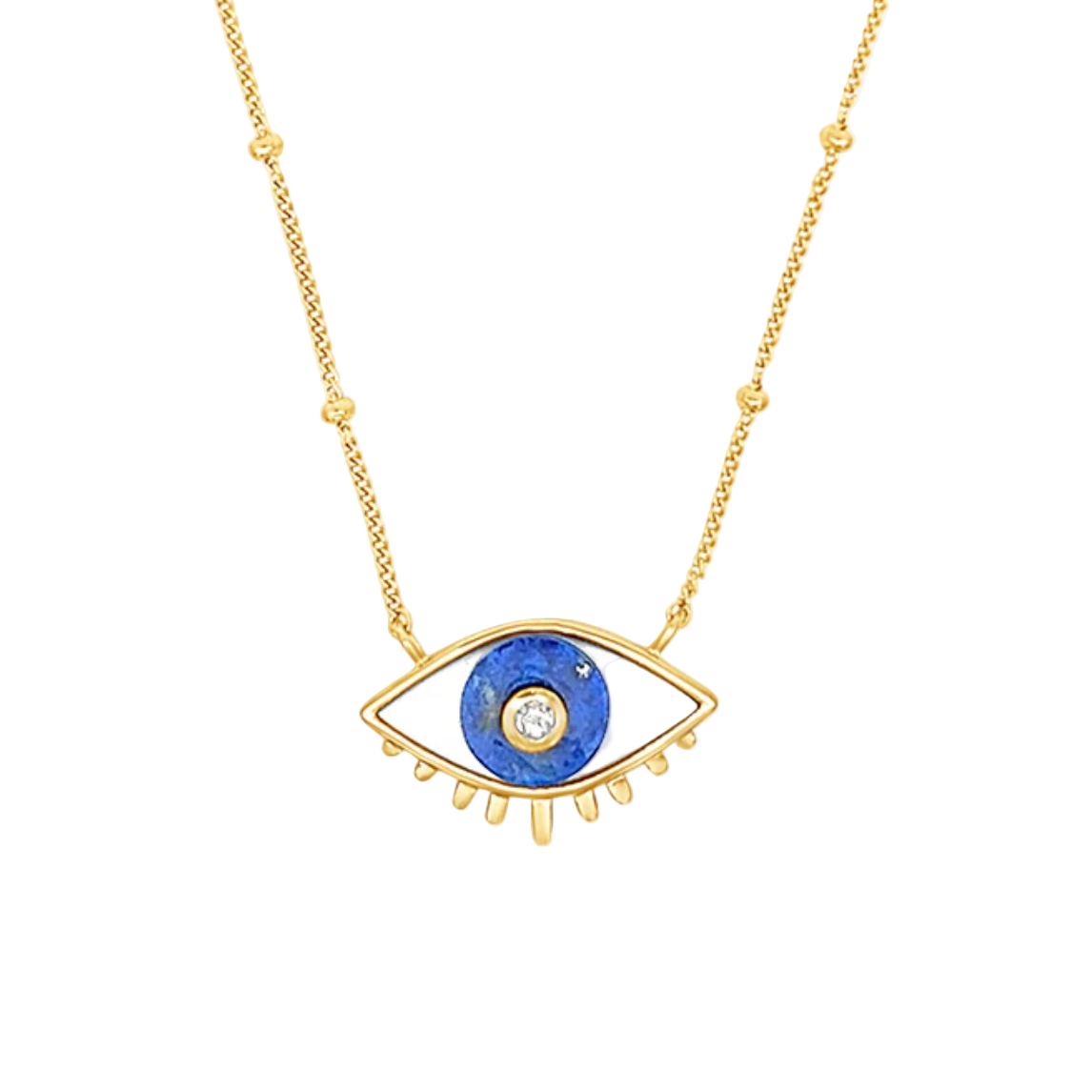 Gold necklace with a blue eye-shaped pendant on a white background