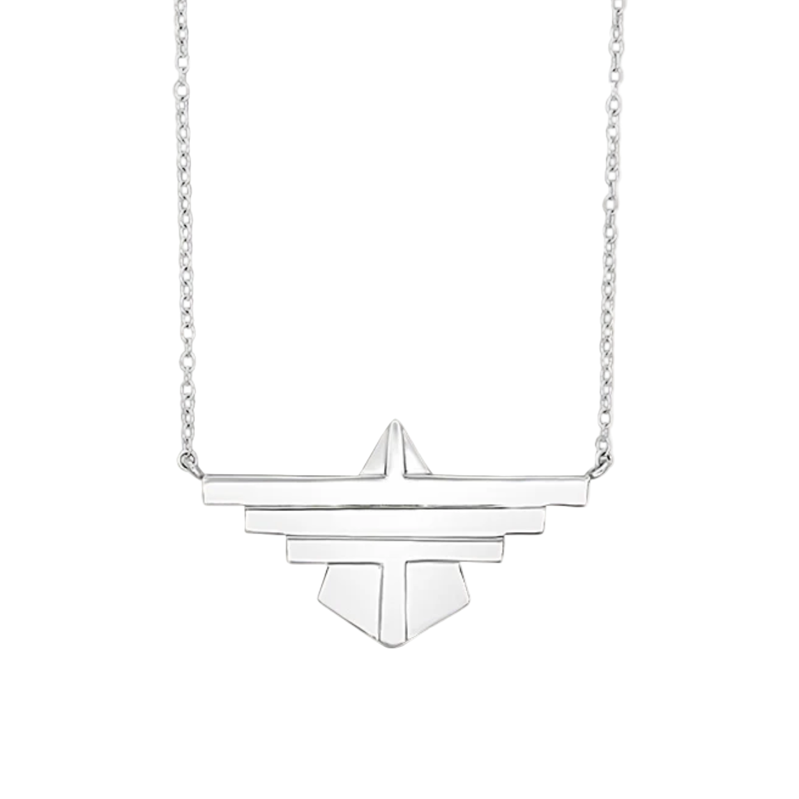 Silver geometric necklace on a white background