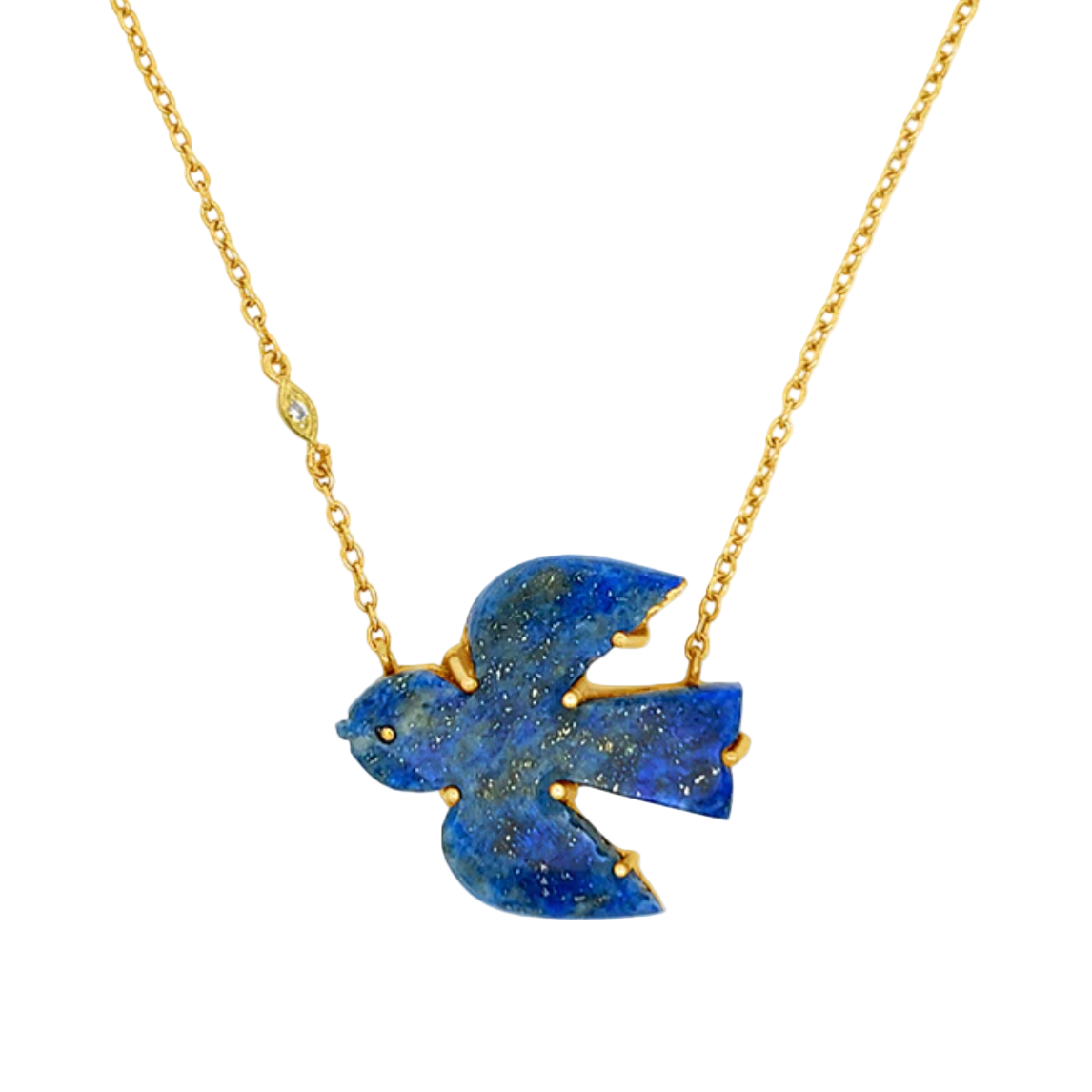 Blue bird-shaped pendant on a gold chain against a white background