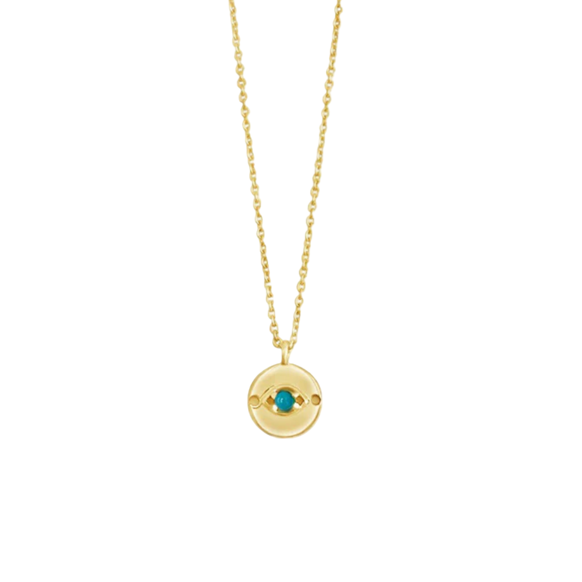 Gold necklace with a circular pendant featuring a blue gemstone on a white background