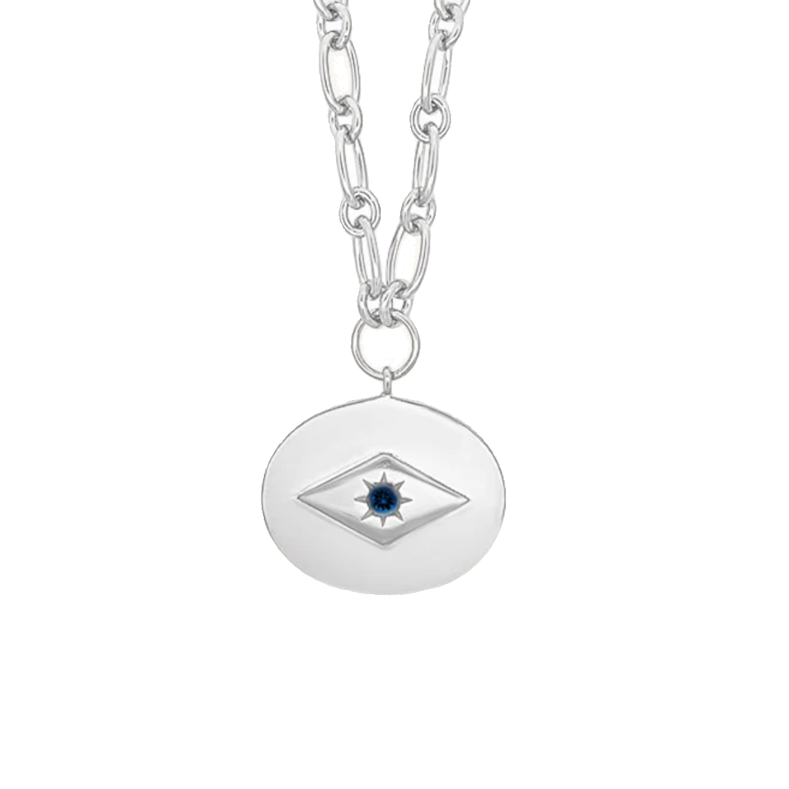 Necklace with a round pendant featuring an eye design on a white background