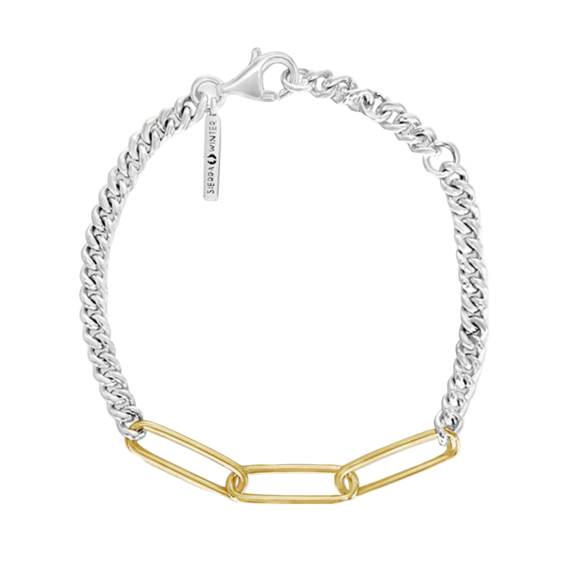 Silver chain bracelet with a gold rectangular link on a white background
