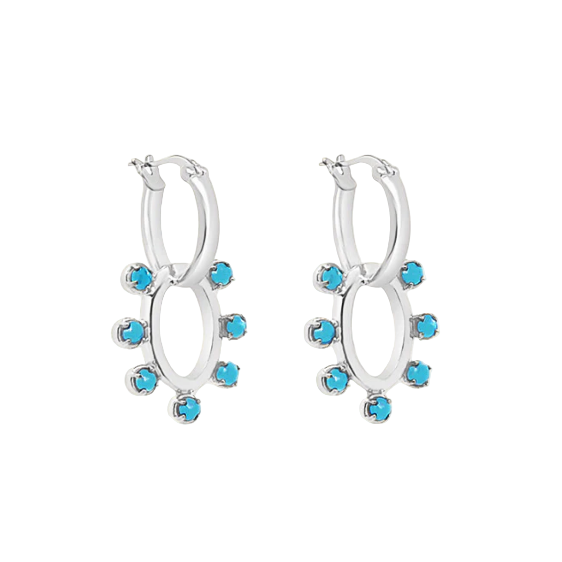 Silver hoop earrings with turquoise stones on a white background