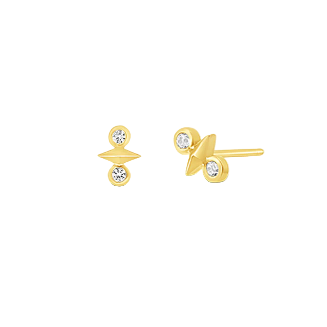 Gold earrings with clear gemstones on a white background
