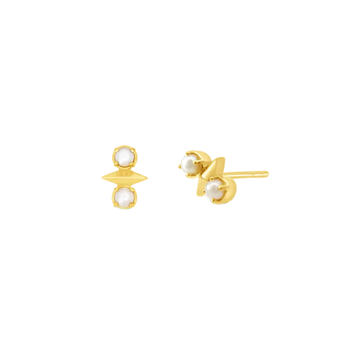 Gold earrings with pearl-like stones on a white background