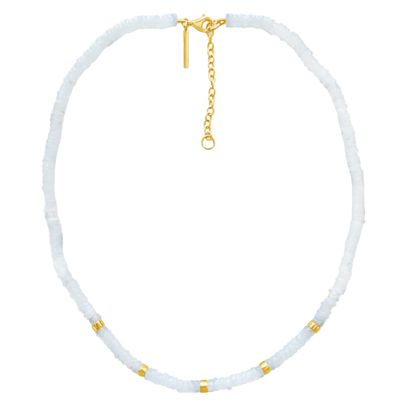 Necklace with white beads and gold accents on a light pink background