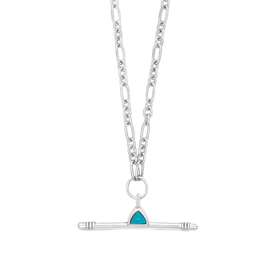 Silver necklace with a turquoise pendant on a white background