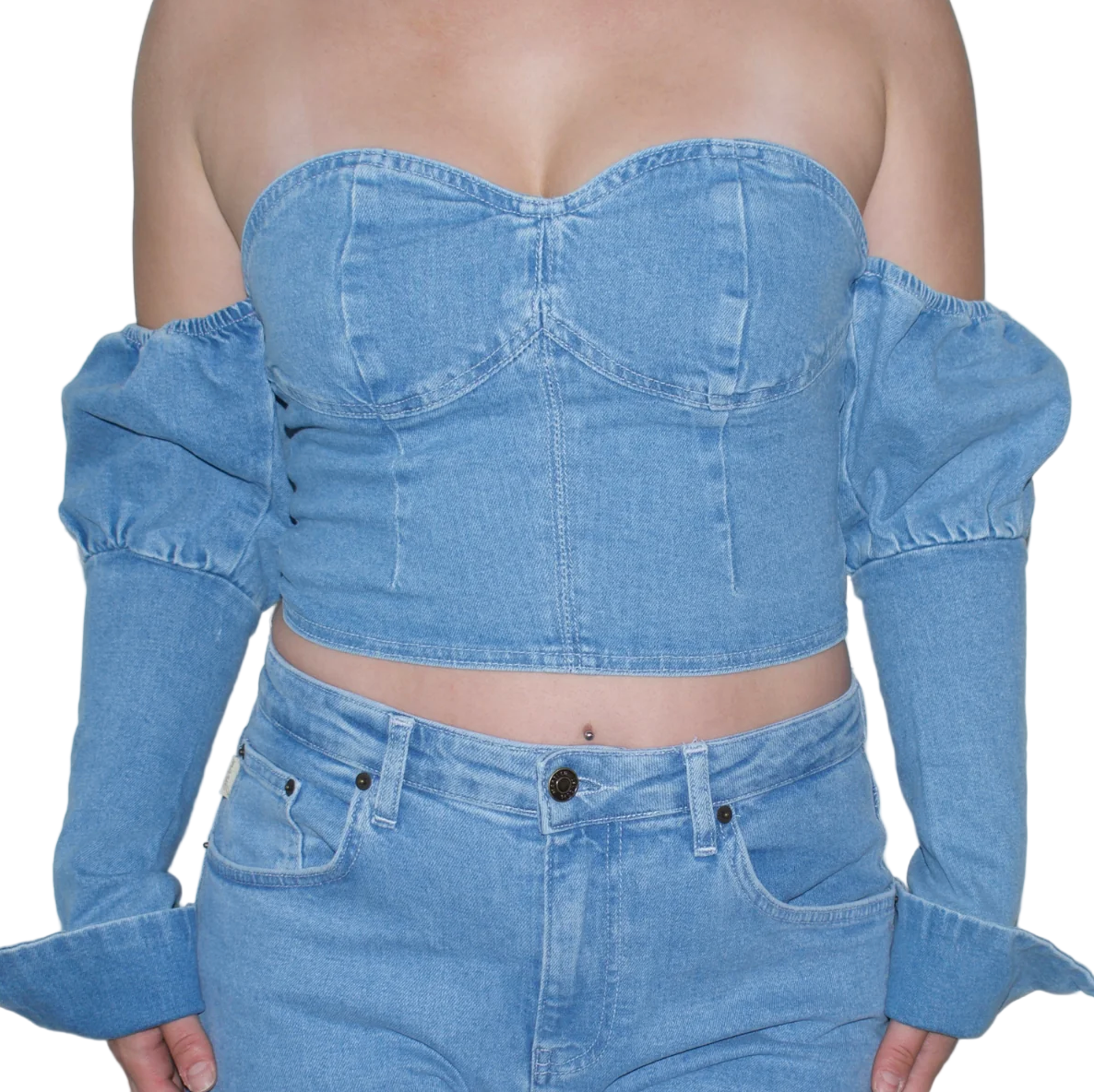 Denim outfit with long sleeves and a strapless top on a white background